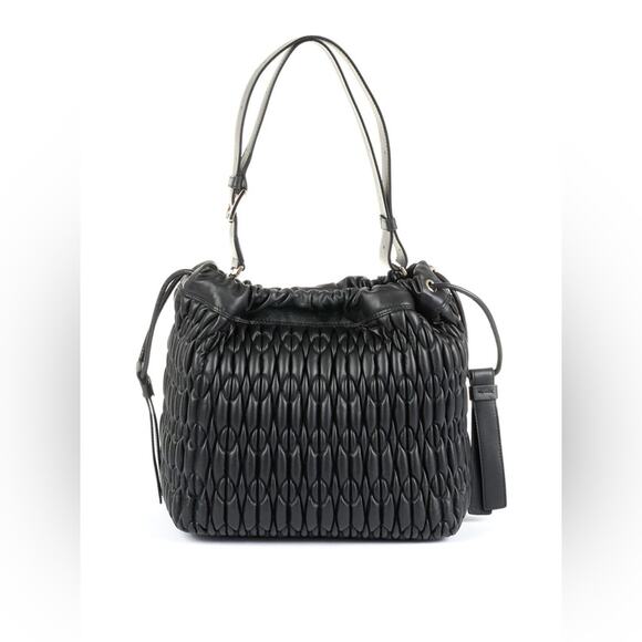 FURLA Black Woven Caos Leather Shoulder bucket bag with Textured Design - Picture 1 of 11